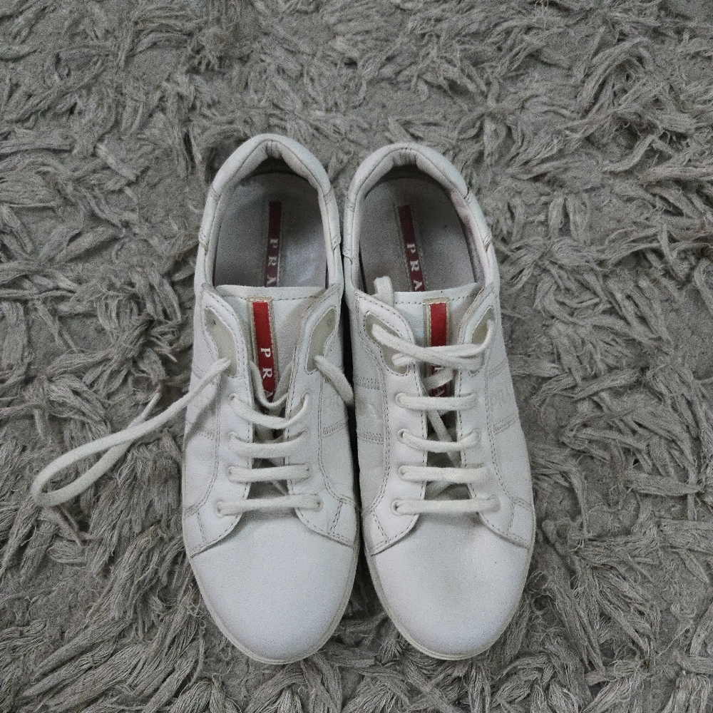 Authentic Prada America's Cup Sneakers White Leather Red Logo Lace Up EU 37.5